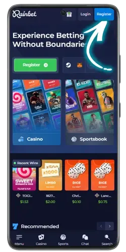 Αρχική σελίδα του Rainbet με το κουμπί εγγραφής